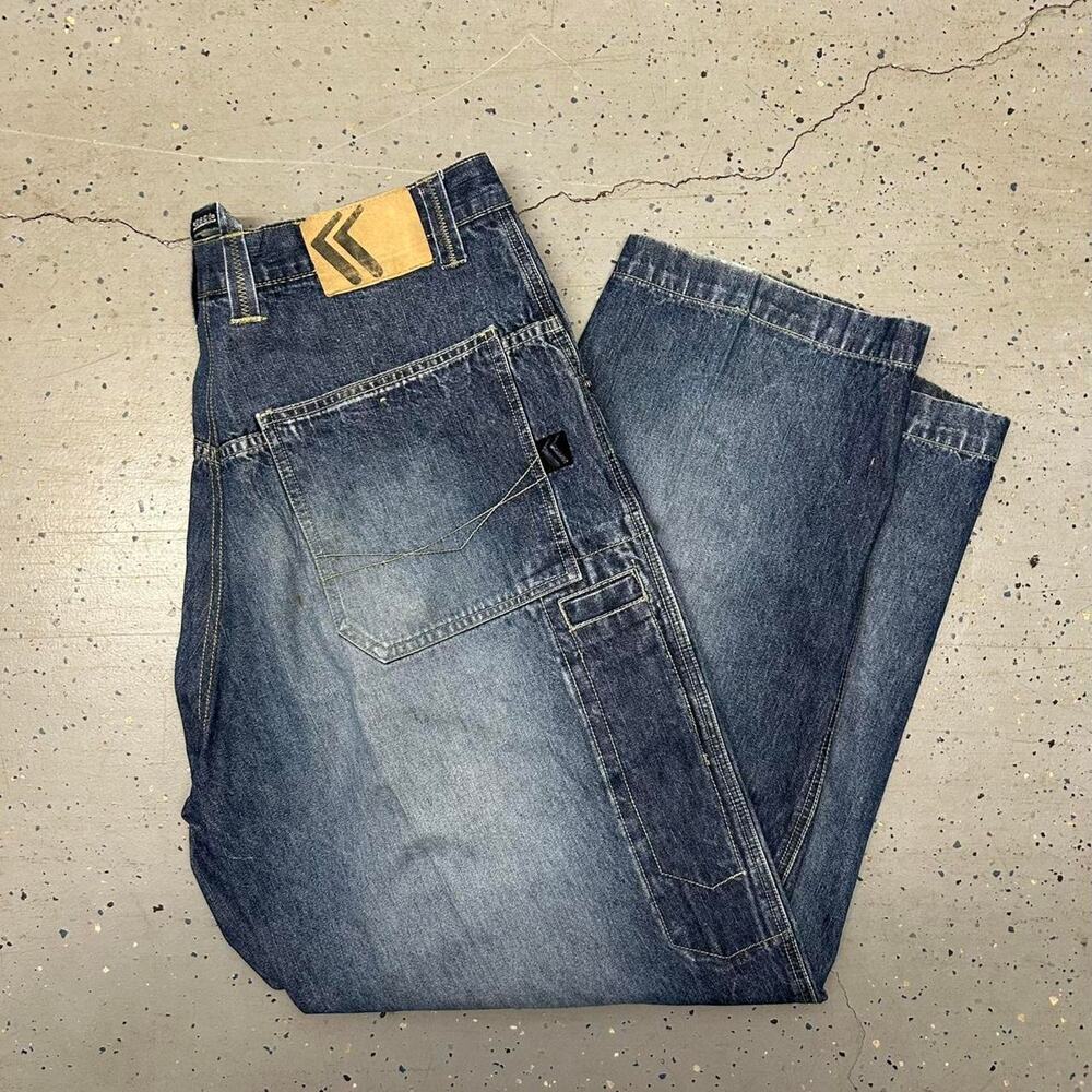 Y2K Baggy Dark blue denim jeans with a faded, distressed look